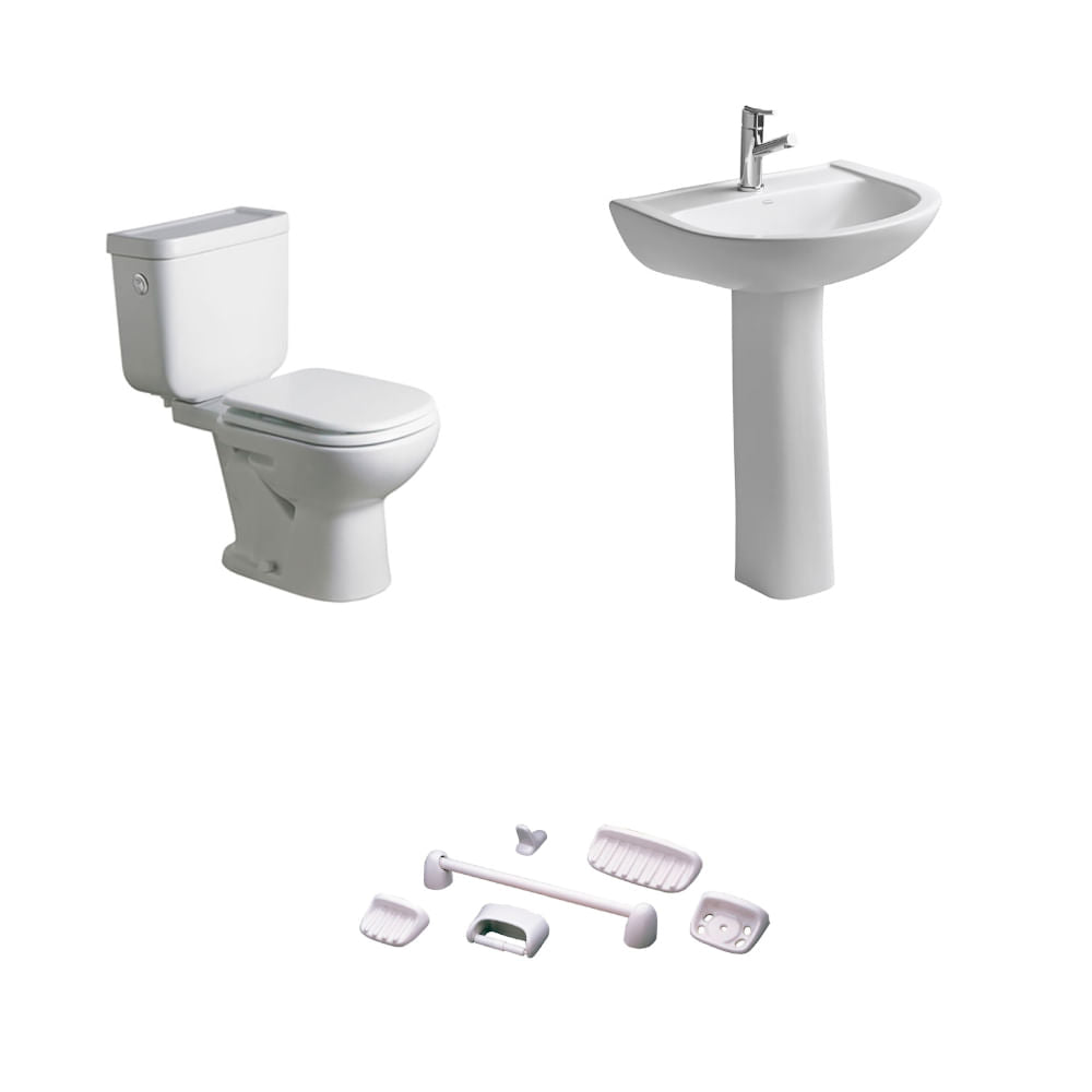 Baño Bari Blanco Doble Descarga con Asiento y Accesorios 6 Pzas