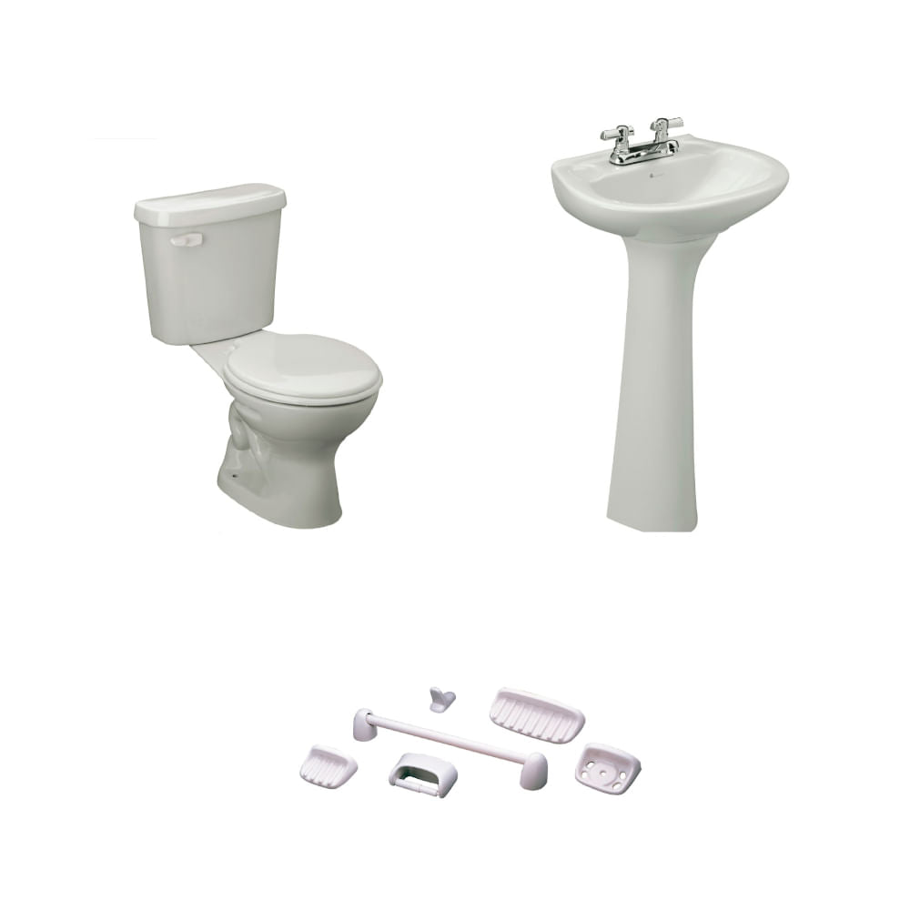 Baño Roma Blanco Simple Descarga Palanca con Asiento y Accesorios 6 Pzas