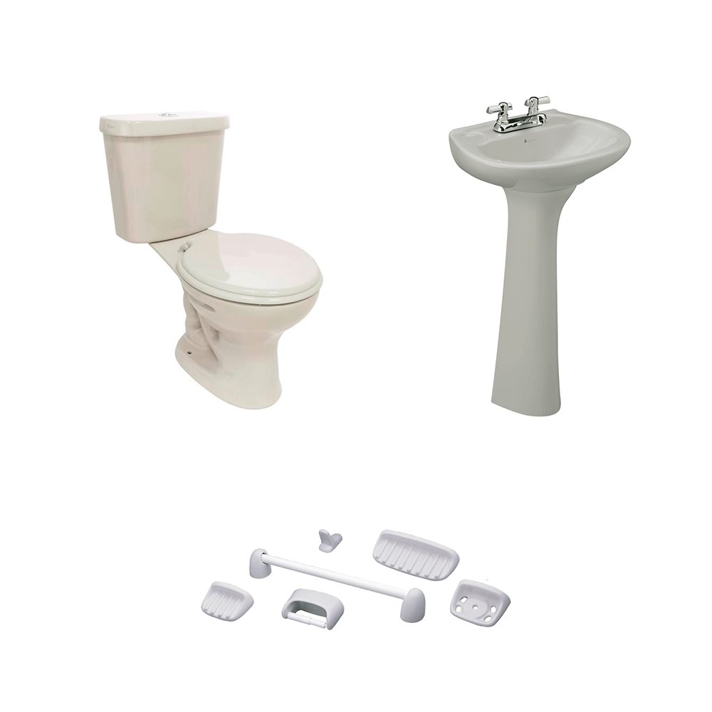 Baño Roma Gris Simple Descarga con Asiento y Accesorios 6 Pzas