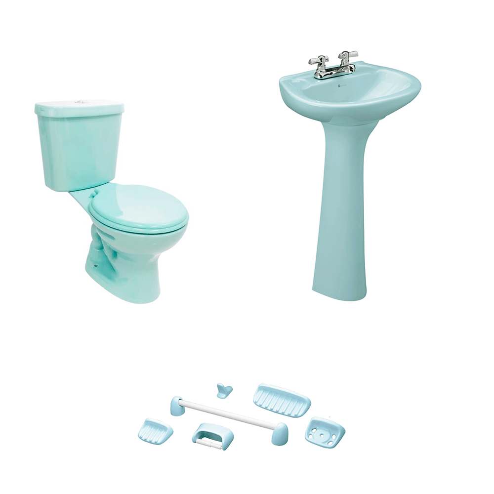 Baño Roma Celeste Simple Descarga con Asiento economico y Accesorios 6 Pzas