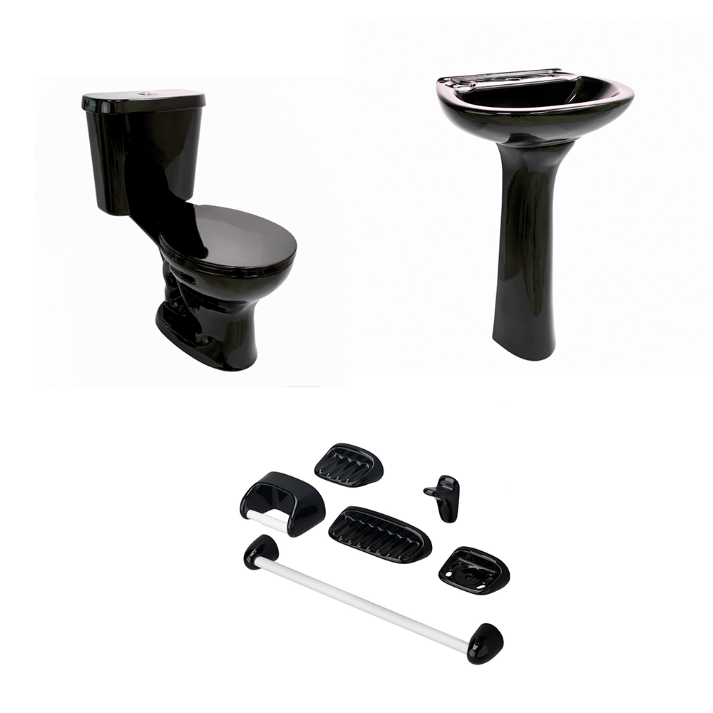 Baño Roma Negro Simple Descarga con Asiento y Accesorios 6 Pzas