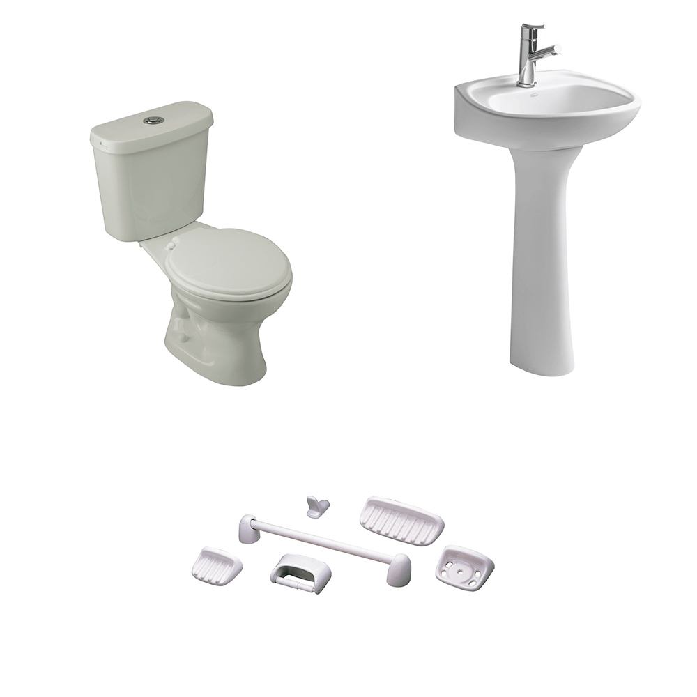 Baño Roma Blanco Boton Doble Descarga Lav Andina con Asiento Economico y Accesorios 6 Pzas