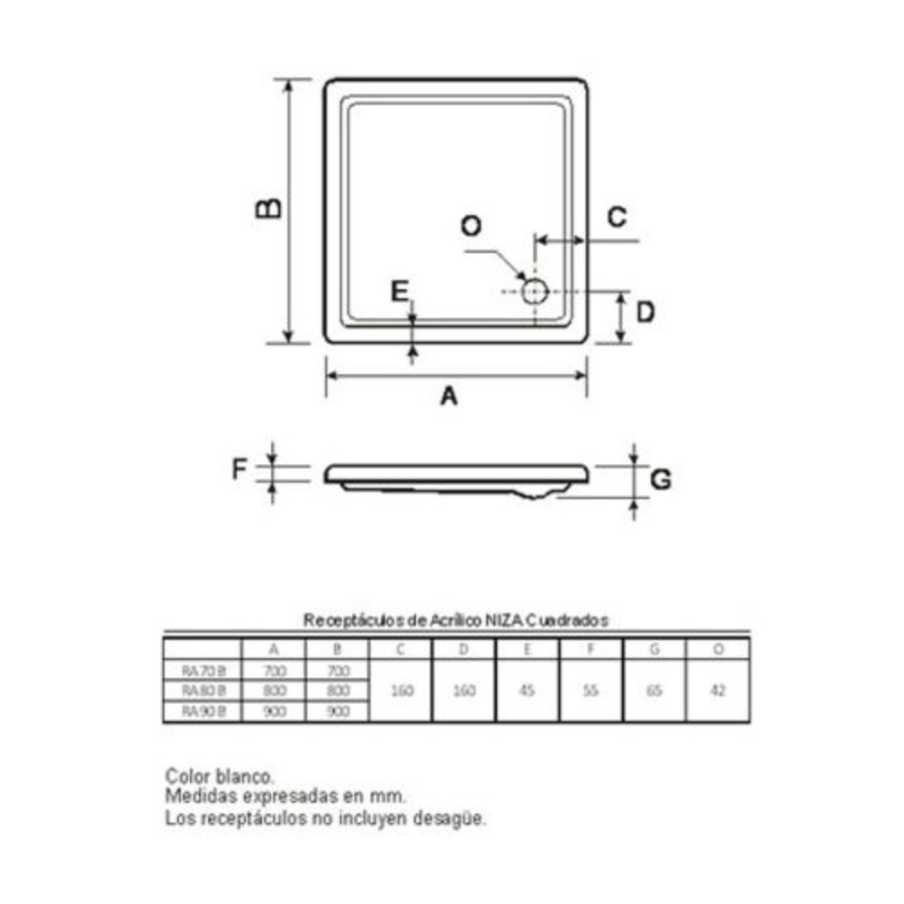 Receptaculo Acrilico Ferrum 90x90 RA90 Niza Blanco KHI-RC-040-BL