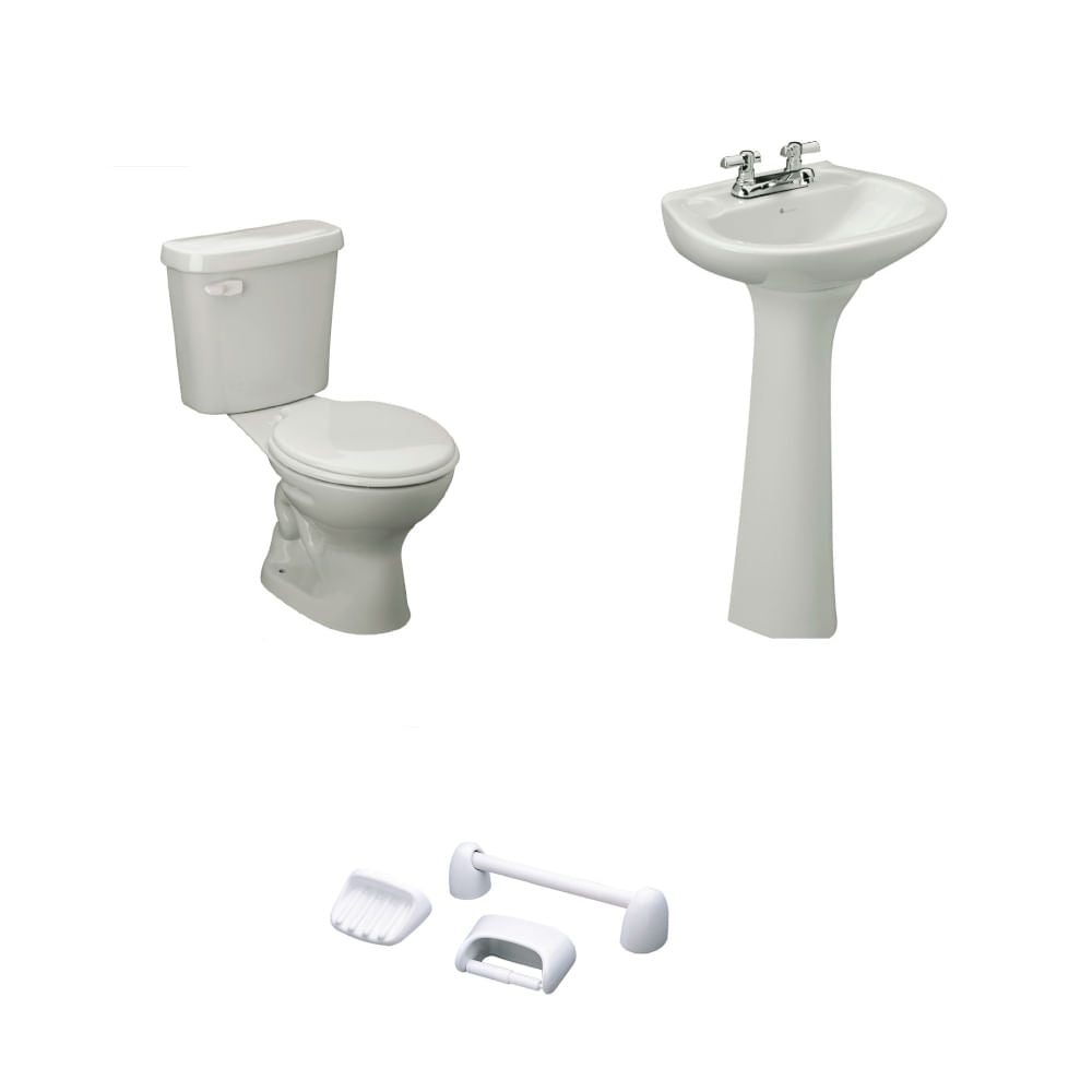 Baño Roma Blanco Boton Doble Descarga Lav Roma con Asiento y Accesorios 3 Pzas
