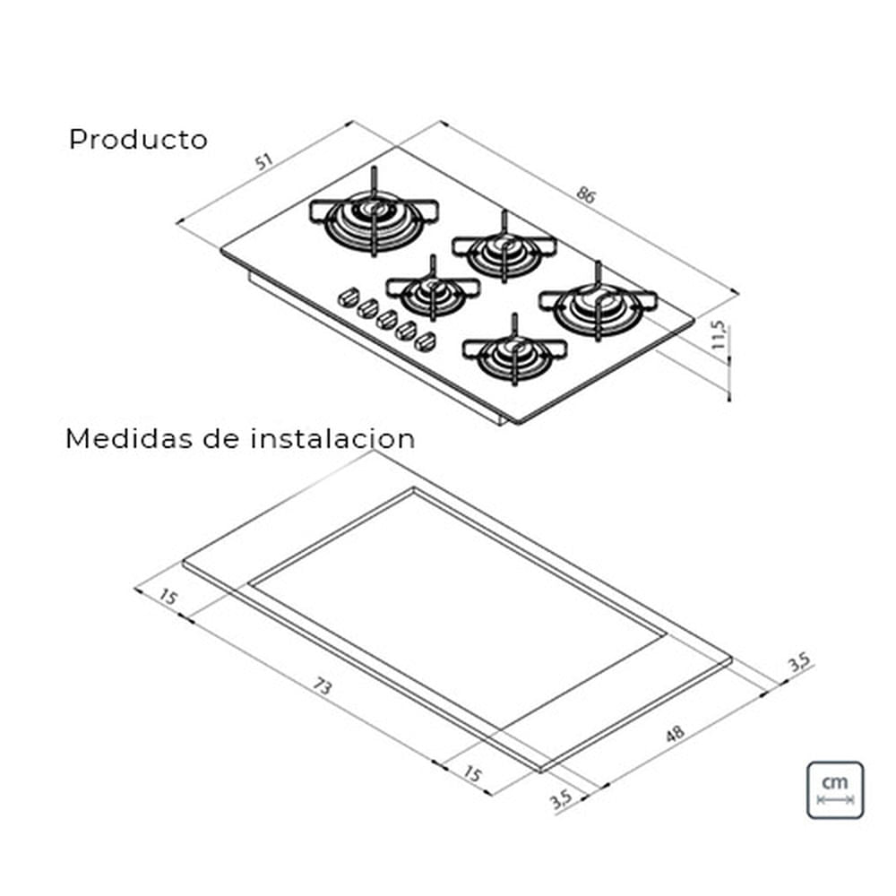 Placa Coccion Vidrio Gas 5 Quemador 94709/361 86x51 Blanco Triple