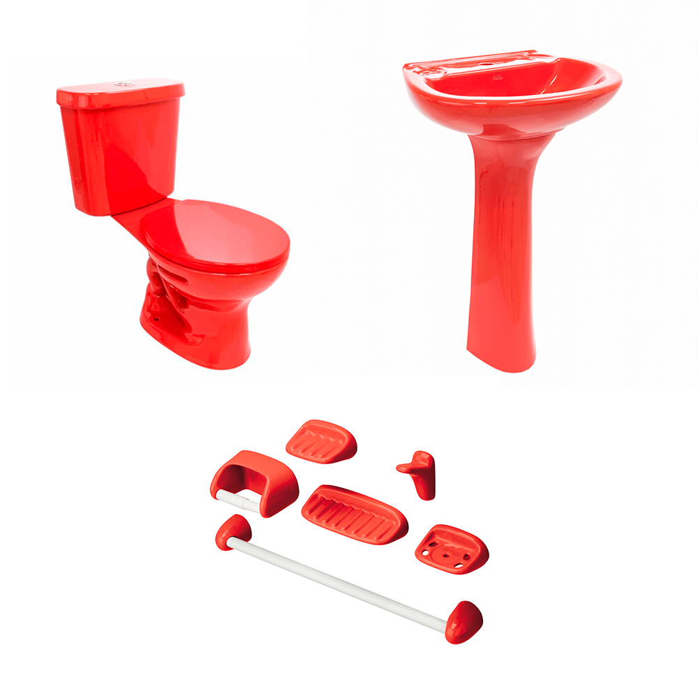 Baño Roma Rojo Simple Descarga con Asiento y Accesorios 6 Pzas