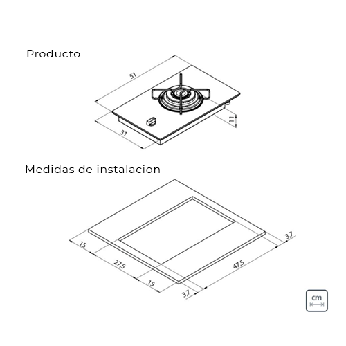 Placa Coccion Vidrio Gas 1 Quemador 94702/121 31x51 Negro Triple