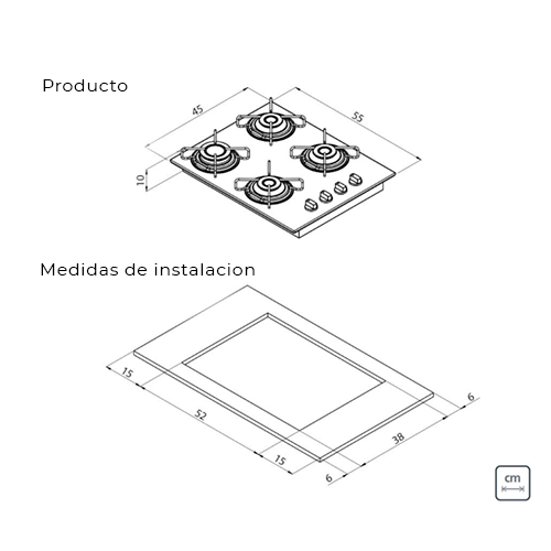 Placa Coccion Vidrio Gas 4 Quemador 94703/521 58x51 Negro