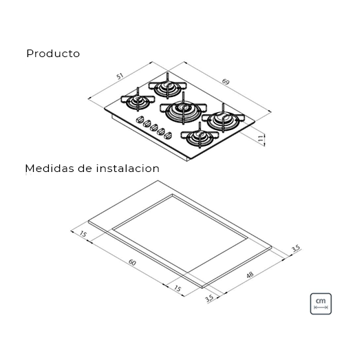 Placa Coccion Vidrio Gas 5 Quemador 94708/221 69x51 Negro Triple