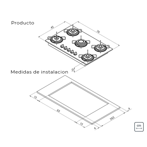 Placa Coccion Vidrio Gas 5 Quemador 94708/521 70x45 Negro